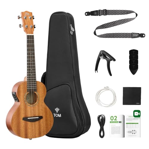 TOM 23″ Concert Electric Ukulele - with UK-500T Pro EQ & Tuner (LCD Display), Solid Mahogany Top, for Beginners & Performers. Complete Kit Includes Bag, Strap, Capo