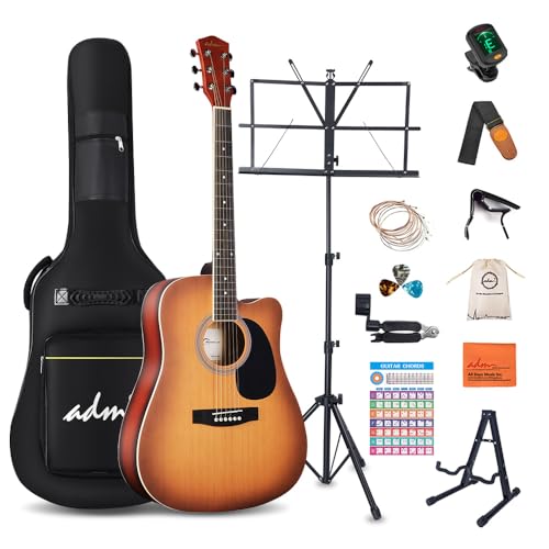 ADM Beginner Acoustic Guitar Bundle for Kids Students, 41 Inch Cutaway Guitar with Free Lessons, Gig Bag, Tuner, Strap, Picks, Extra Strings (Brown)