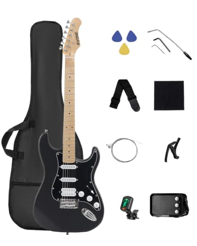 RVONE RST-150 39" Beginner Electric Guitar Kit with Amp & HSS Pickups | Complete Starter Set for Newcomers w/Essentials | Gig Bag, Extra Strings, Digital Tuner, Capo, Strap | Home Practice (Black)