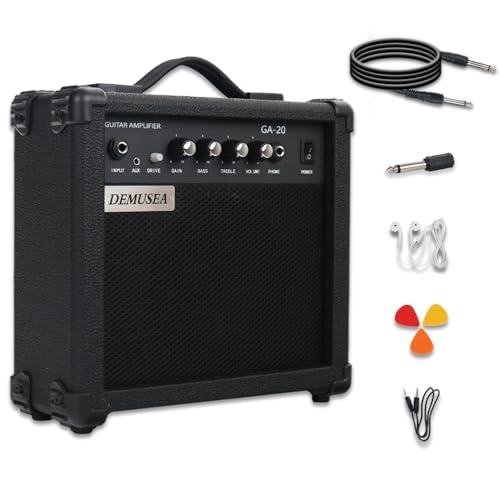 Demusea Electric Guitar Amplifier 20w Guitar Amp Starter Beginner Practice Small Portable Travel Headphone Aux Distortion Gain Treble Bass Volume Noiseless Cable Adapter Pick Aux Cable Earphone (BK)