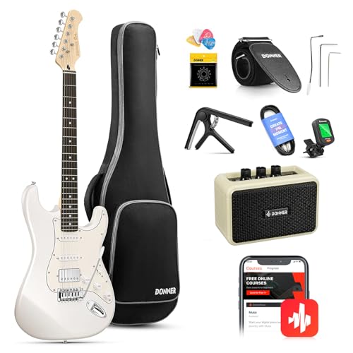 Donner Electric Guitar, DST-152 39" Starter Kit with HSS Pickup Coil Split, Amp, Padded Gig Bag, Accessories, Polar White