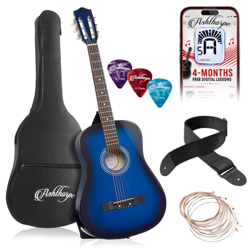 Ashthorpe Beginner Acoustic Guitar Bundle 38-inch Package (Blue), Basic Starter Kit w/Gig Bag, Strings, Strap, Tuner, Pitch Pipe, Picks