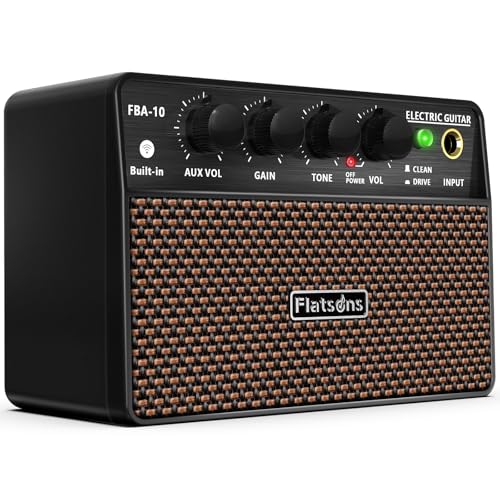 Flatsons FBA-10 Guitar Amp, 10W Mini Electric Guitar Amplifier with Clean/Drive Channel, 6H Working, USB-C Rechargeable, 3.5mm Headphone/AUX Jack, Wireless Portable Amp for Indoor Practice, Traveling