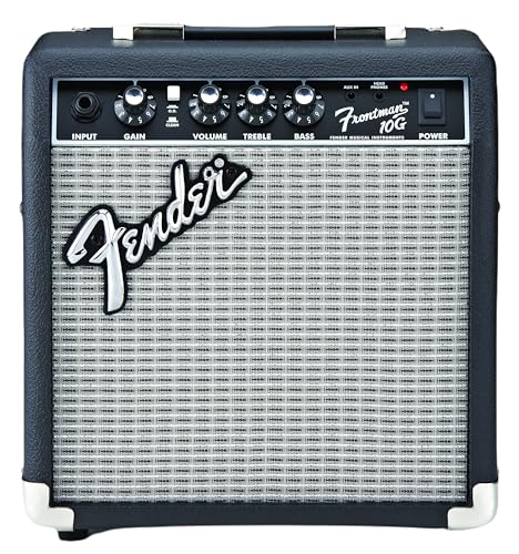 Fender Frontman 10G Electric Guitar Amplifier, 10-Watt Practice Amp with 6" Speaker, Built-in Overdrive, Headphone Jack & Aux Input, Black/Silver, with 2-Year Warranty