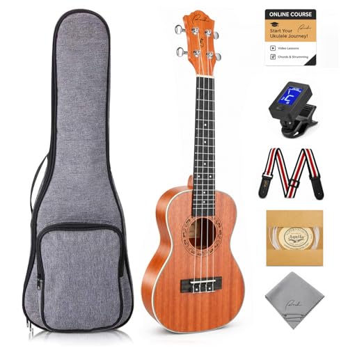 Ranch 23 Inch Concert Ukulele Kit for Beginners Adults, Sapele Wood Hawaiian Ukelele with Arched Back for Richer Sound, Includes 12 Online Lessons, Gig Bag, Tuner, Strap, Aquila Strings