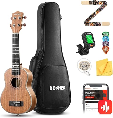 Donner Soprano Ukulele Mahogany Wood 21 inch Ukelele Beginner Kit with — Our recommended configuration for best results